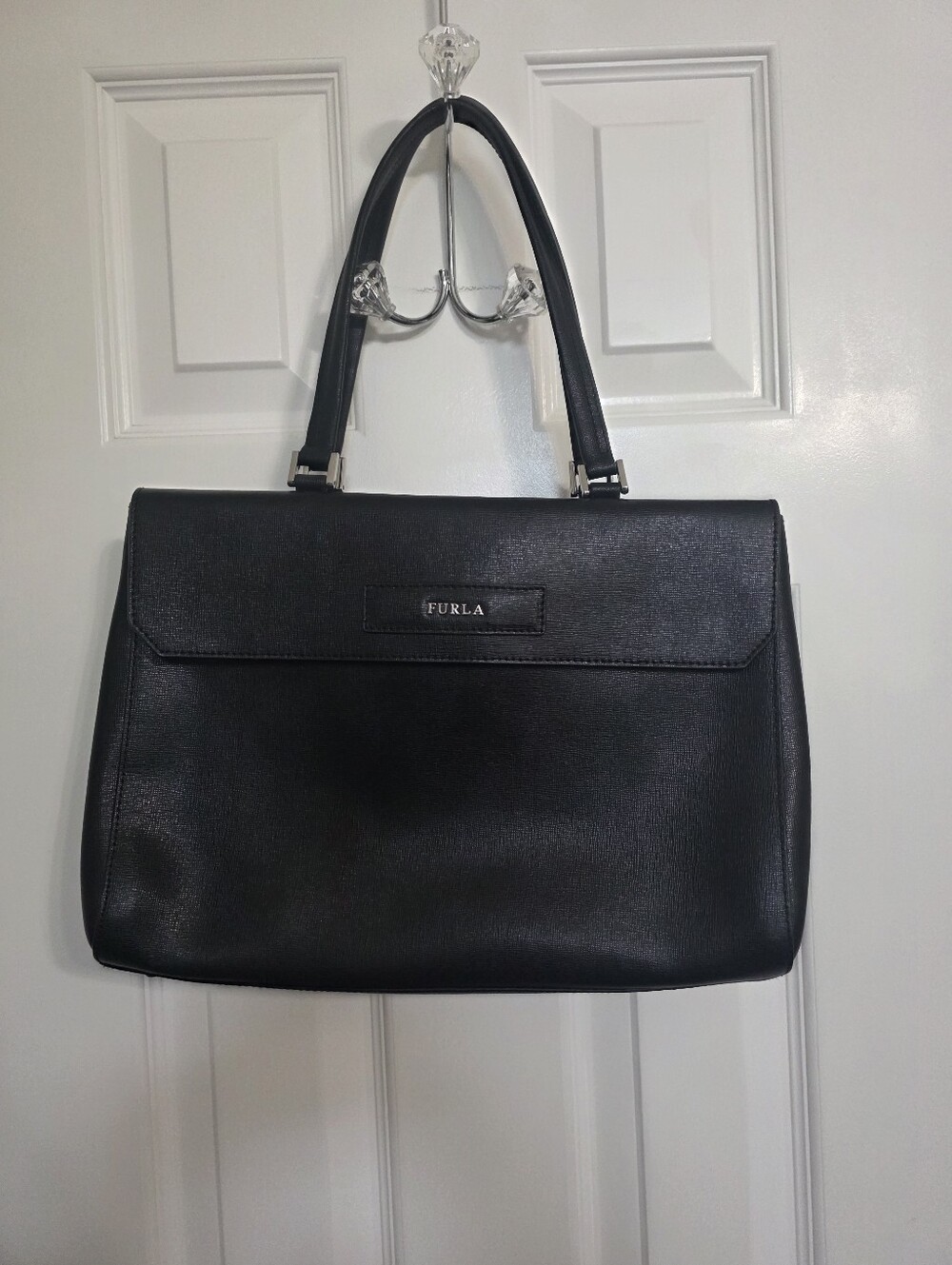 Furla Black Patty Saffiano Leather Tote Satchel Handbag Black